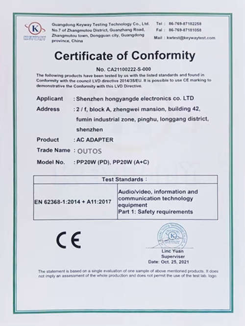 Ac Adapter PP20W(PD),PP20W(A+C) Certufucate Of Conformity